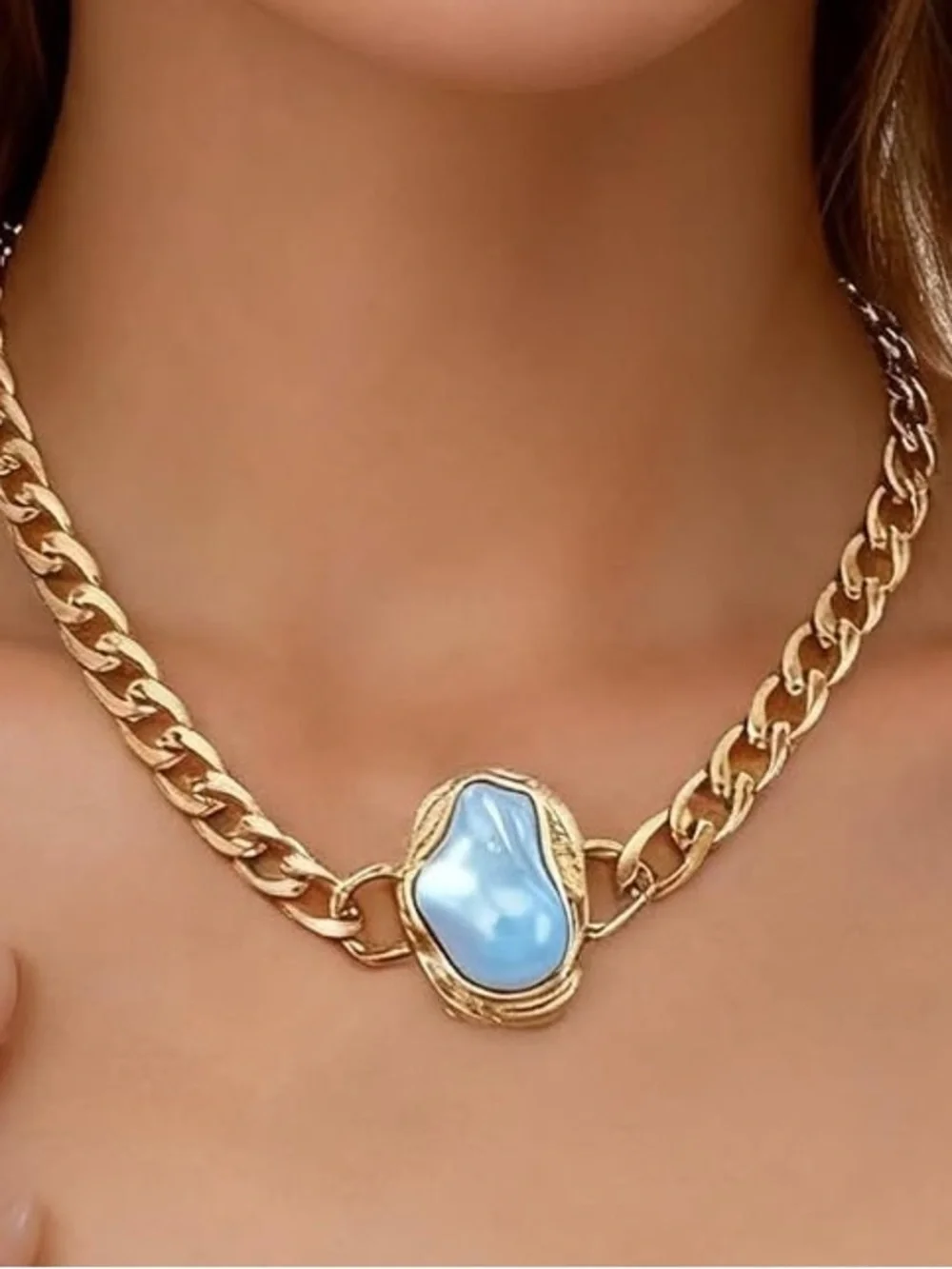 Anthropologie Gold-Tone Chain Necklace and Ring Set with Blue Cabochons